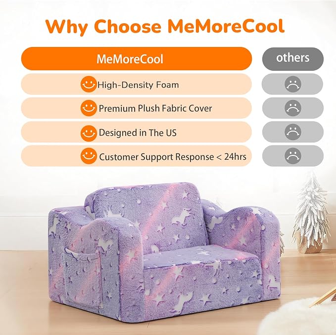 MeMoreCool Kids Couch, Glow Dark Purple Unicorn Fold Out Sofa Chair, Girls
