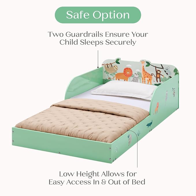 Delta Children Safari Wood Floor Toddler Bed with Reusable Stickers, Green