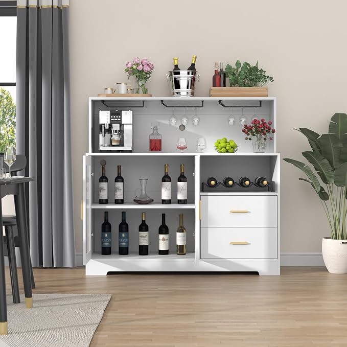 Bar Cabinet for Home with LED Light,Coffee Bar Cabinet w/ Wine & Glass Rack