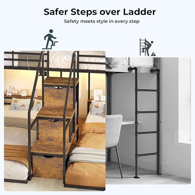 ADORNEVE Triple Bunk Bed Twin Over Twin with Storage Staircase, Black