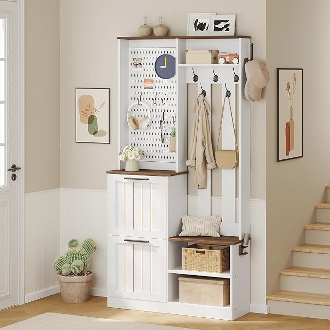 Hall Tree with 2 Flip-Down Shoe Cabinet for Entryway