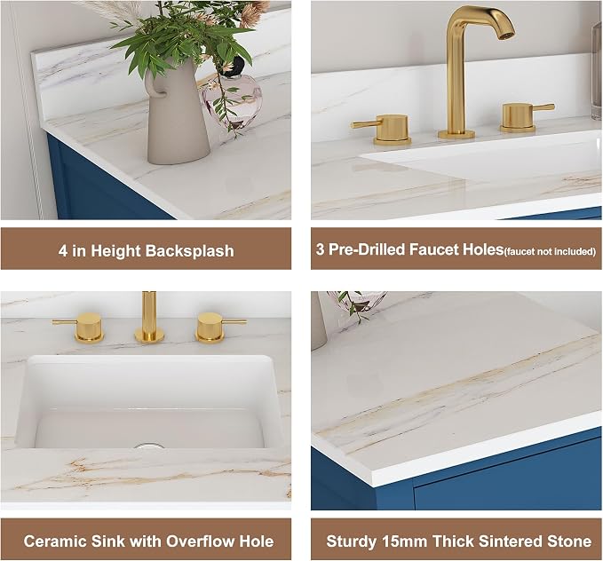 Montary 42" Bathroom Vanity with Sink & 43" Carrara Sintered Stone Top | with 3 Pre-Drilled Faucet Holes, Solid Wood Cabinet, Soft-Close Double Doors & 9 Smooth-Glide Drawers,Blue