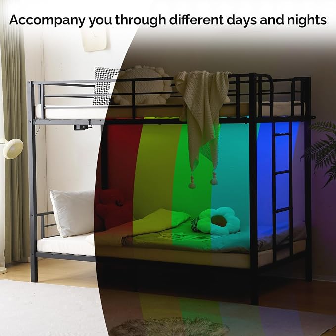 Bonnlo Metal Bunk Bed Twin Over Twin with LED Lights and Charging Station, Heavy Duty Twin Bunk Bed with 13.4-Inch Guardrails, Non-Slip Ladder, 8-Inch Underbed Storage, No Box Spring Needed, Black