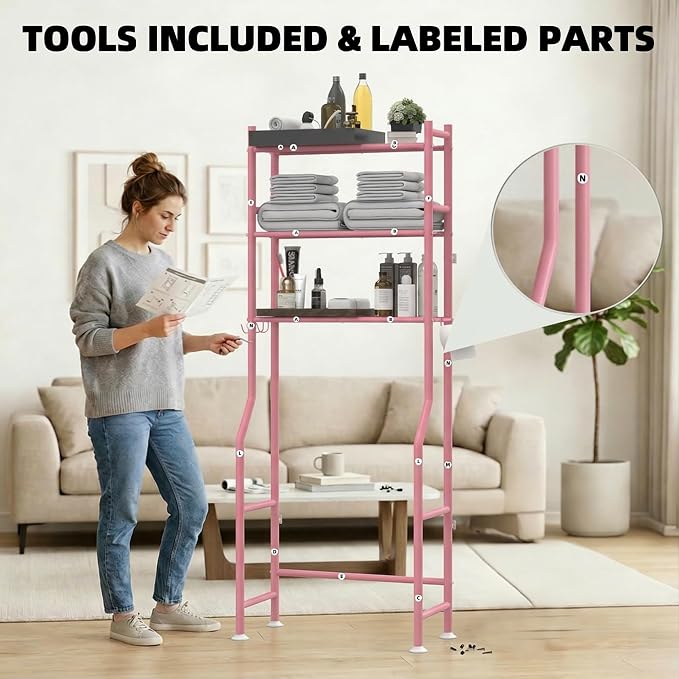 GloTika 3-Tier Over Toilet Storage, Anti-Tilt, 64" H, Pink | Anti-Tilt Safety System, 150lb Capacity, Carbon Steel, Freestanding, No Drilling, Anti-Rust Coating, Paper Holder & 4 Hooks