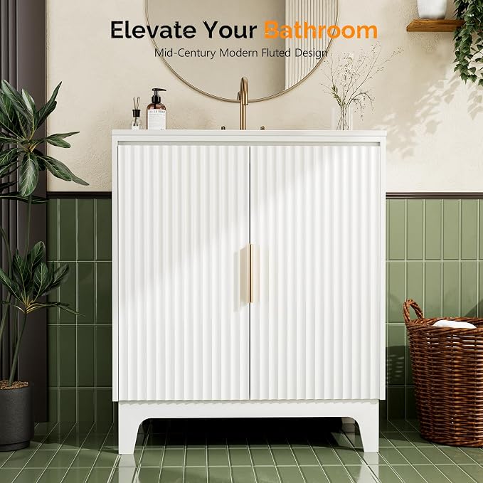 VINGLI 30 Inch Bathroom Vanity with Sink, Modern White Freestanding Cabinet with Ceramic Top, Fluted Soft-Close Doors & Gold Handles, U-Shape Storage for Small Bathroom