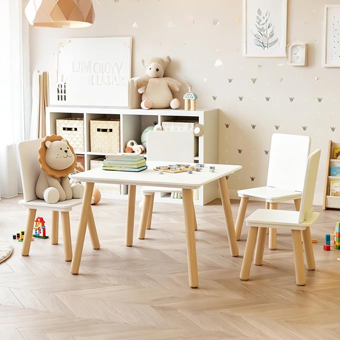 Kids Table and Chairs Set, 5 Pieces Toddler Table and Chair Set, Kids' Table & 4 Chair Sets, Kid Play Table for Daycare, Classroom, Home (White)