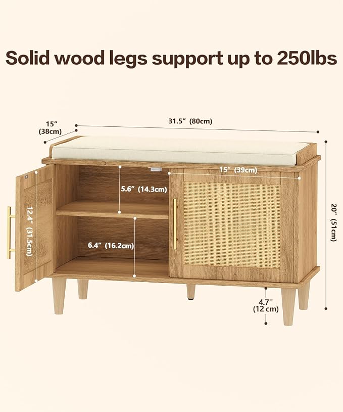 Akxomel 31.5" Rattan Shoe Storage Bench 2 Doors Wooden Entryway Bench Oak