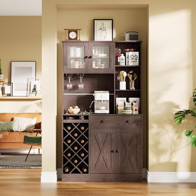 Garvee Coffee Bar Cabinet with Power Outlet & Exquisite Barn Doors, Sideboard Buffet Cabinet with Wine Bottle Rack, Storage Cabinet for Kitchen, Dining Room