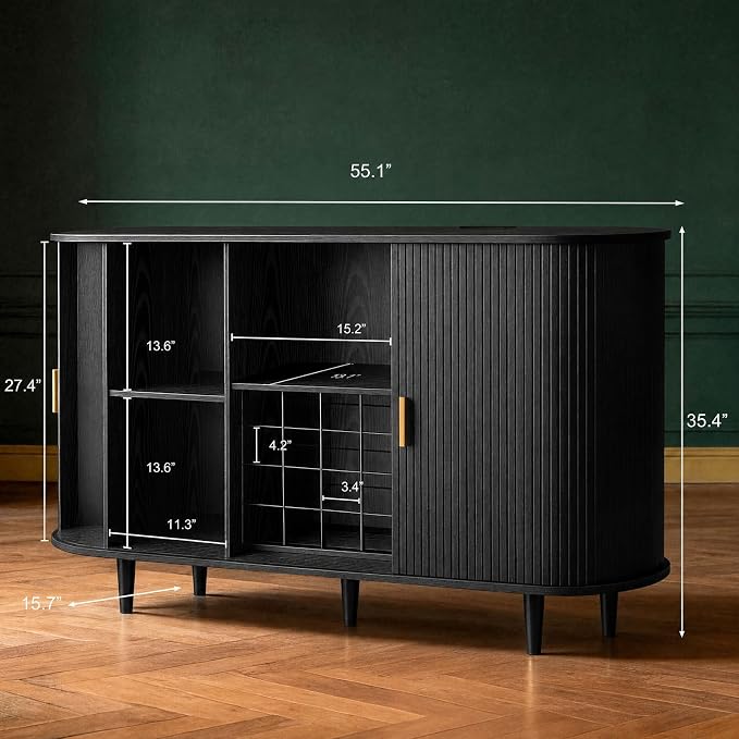 DHH 55" Wine Bar Cabinet with Storage, Fluted Liquor & Coffee Bar Cabinet with Wine Rack and Glass Holder, Buffet Sideboard with LED Lights for Home Kitchen Living Dining Room(Black)