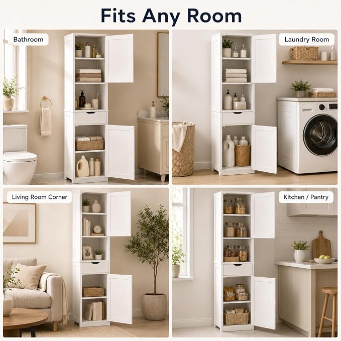 Walsunny Tall Bathroom Storage Cabinet with 6 Adjustable Shelves, White | Anti-Tip Safety, Waterproof MDF, 2 Doors + 1 Drawer, Easy Assembly, for Bathroom/Living Room/Kitchen