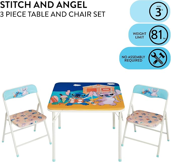 Disney Stitch Kids Activity Table and Chair Set, 3-Piece Folding Toddler Table with 2 Chairs, Padded Seats, Durable Frame for Play, Crafts & Snacks