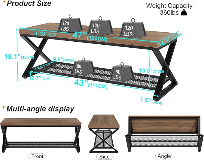 LVB Entryway Bench, Indoor Shoe Bench with Storage & Seating Rustic Oak 47"
