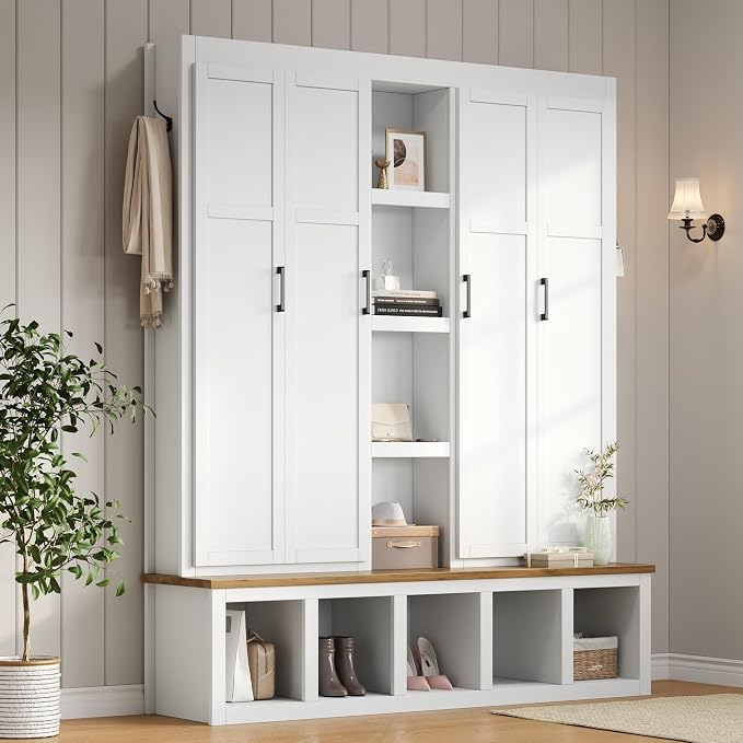 Merax Modern Farmhouse Hall Tree with Bench, 4-in-1 Entryway Storage Cabinet & Shoe Organizer with Hooks, White