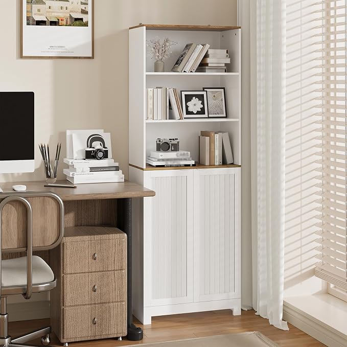 Bathroom Storage Cabinet - 67" Freestanding Tall Cabinet with Slatted Doors and Open Shelves, Adjustable Shelves, White Bathroom Organizer for Small Spaces, Bathroom Linen Tower with Closed Storage