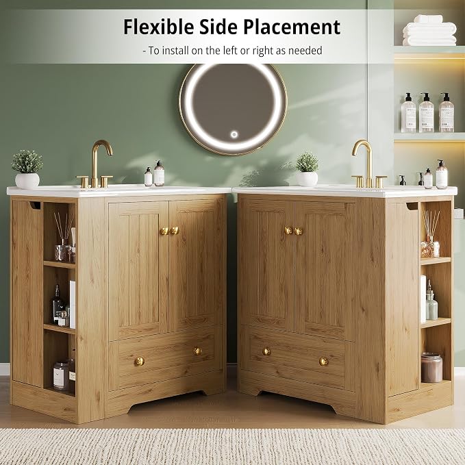 IRONCK Bathroom Vanity with Ceramic Sink, 30" Bathroom Cabinet, Natural | Features a Ceramic Sink, 3 Doors, 1 Drawer and Flexible Side Storage for Organized Bathroom Storage