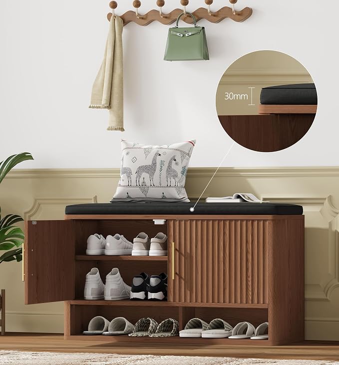 Fluted Shoe Storage Bench, Entryway Bench with Adjustable Shelves