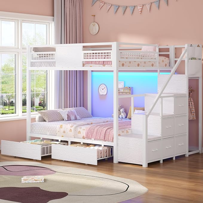 BTHFST Bunk Bed Full Over Full with Stairs, Storage Drawers and LED Lights