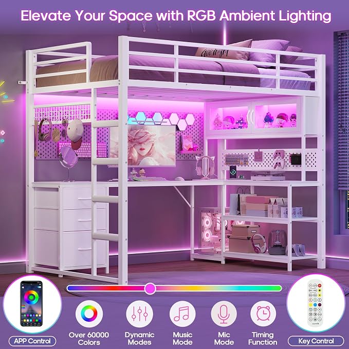 ADORNEVE Gaming Loft Bed Twin with Desk & RGB Arcylic Hutch, White