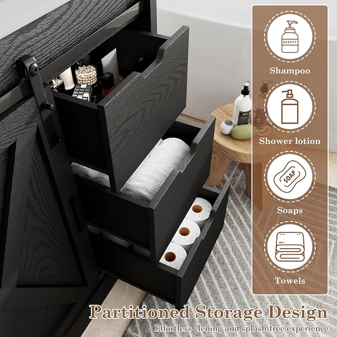 chartustriable 36 Inch Bathroom Vanity with Sink & Faucet & Mirror, Farmhouse Bathroom Vanity Cabinet Set with Sliding Barn Door & Drawers, Small Single Bath Storage Vanity Sink, Black