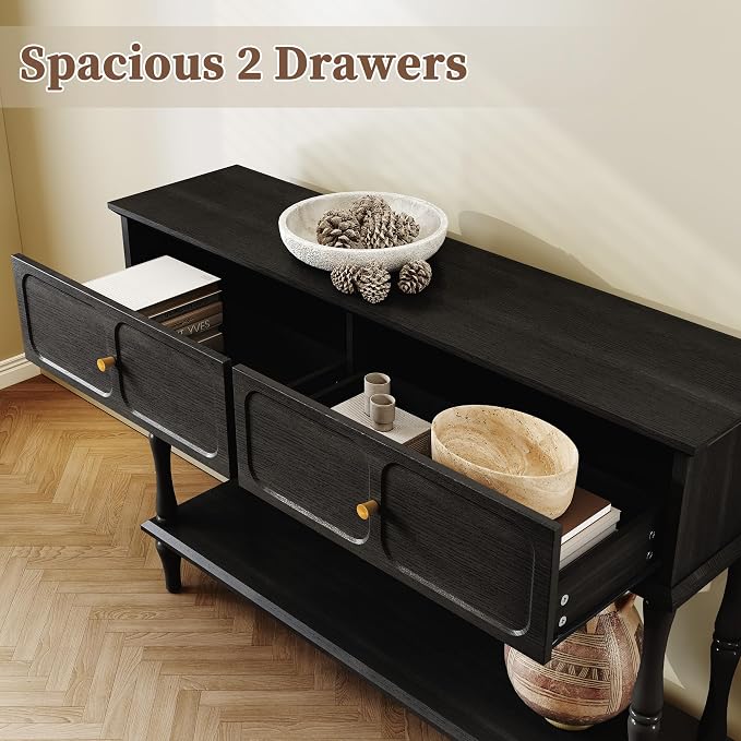 ARTPOWER 47" Mid-Century Console Table, 2 Drawers and Open Shelf, Black