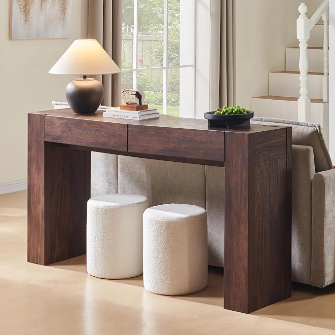 OKD 63" Console Table with Drawers, Thick Block Entryway Table, Walnut