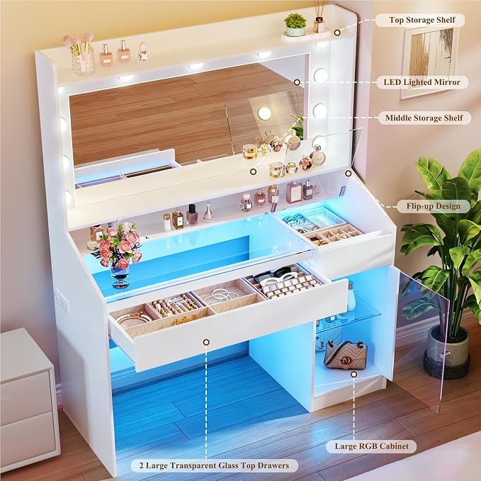 HUAHUU Vanity Desk with Mirror & RGB Lights, White Makeup Vanity Table with 2 Transparent Top Large Drawers & RGB Cabinet, Vanity Desk with LED Lighted Mirror 3 Colors, Power Outlets, Flip-up Drawer