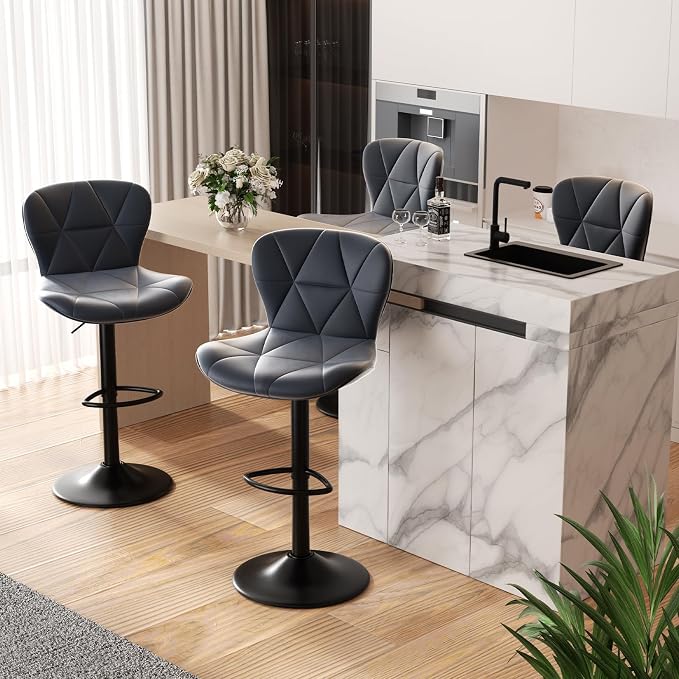 Nalupatio Modern Bar Stools Set of 4, Adjustable Faux Leather Upholstered Swivel Bar Stools, Counter Height Bar Chairs with Back for Kitchen Island, Dark Grey
