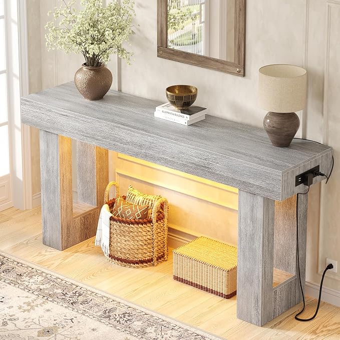 Unikito 63" Console Table with Sensor Light and Oulets, White Oak