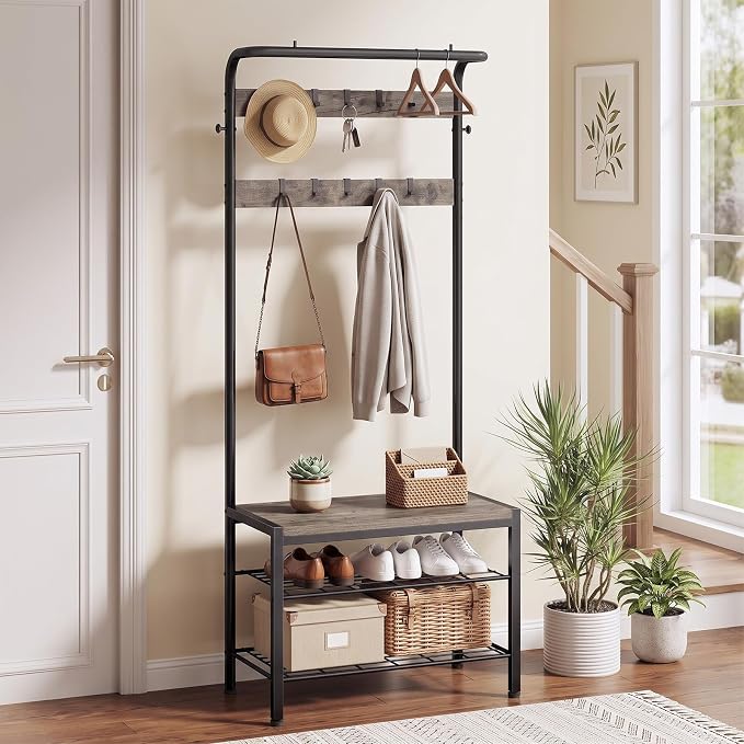 DUMOS 5-in-1 Hall Tree with Coat Rack and Shoe Bench, Industrial Entryway Storage Organizer with Top Hanging Rod, 10 Movable Hooks & Side Hooks, Mudroom Bench with 2-Tier Shoe Rack, Grey