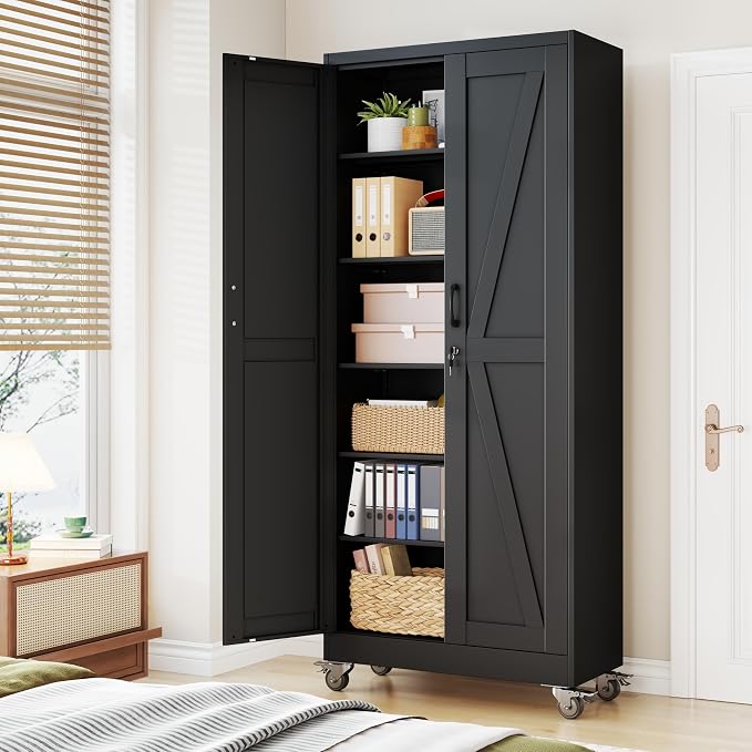 75" Metal Garage Storage Locker Cabinet with Wheels,Rolling Black Farmhouse Kitchen Pantry Cabinet with 2 Doors and 5 Adjustable Shelves, Steel File Tool Cabinet for Home Office Warehouse
