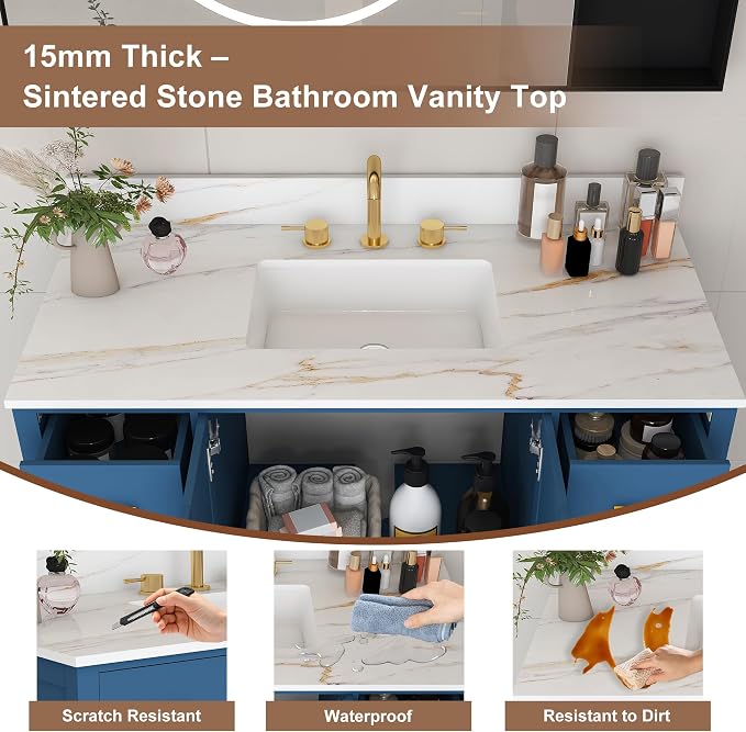 Montary 42" Bathroom Vanity with Sink & 43" Carrara Sintered Stone Top | with 3 Pre-Drilled Faucet Holes, Solid Wood Cabinet, Soft-Close Double Doors & 9 Smooth-Glide Drawers,Blue