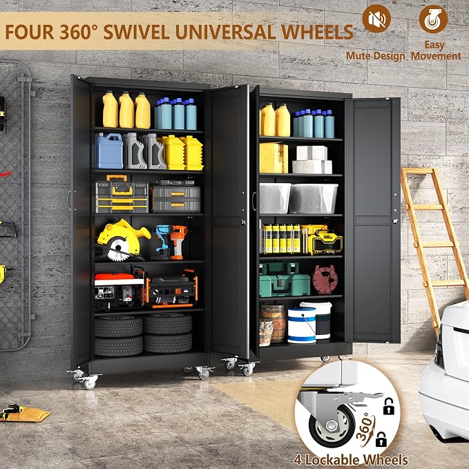 75" Metal Garage Storage Locker Cabinet with Wheels,Rolling Black Farmhouse Kitchen Pantry Cabinet with 2 Doors and 5 Adjustable Shelves, Steel File Tool Cabinet for Home Office Warehouse
