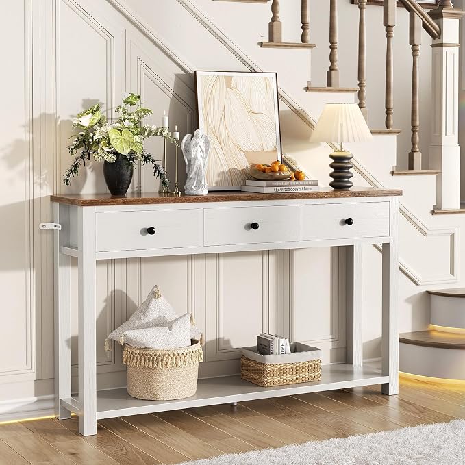 Homieasy Farmhouse Console Table with 3 Drawers, 47 Inch Wood Sofa Table with Storage Shelf for Living Room, Behind Couch, Entryway Table for Hallway, Living Room, or Foyer, Brown and Antique White