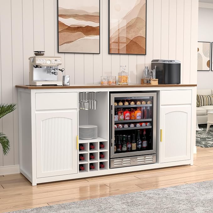 GDLF 78.7" Home Bar Cabinet with Fridge Space, Fluted Wine Liquor Bar,White