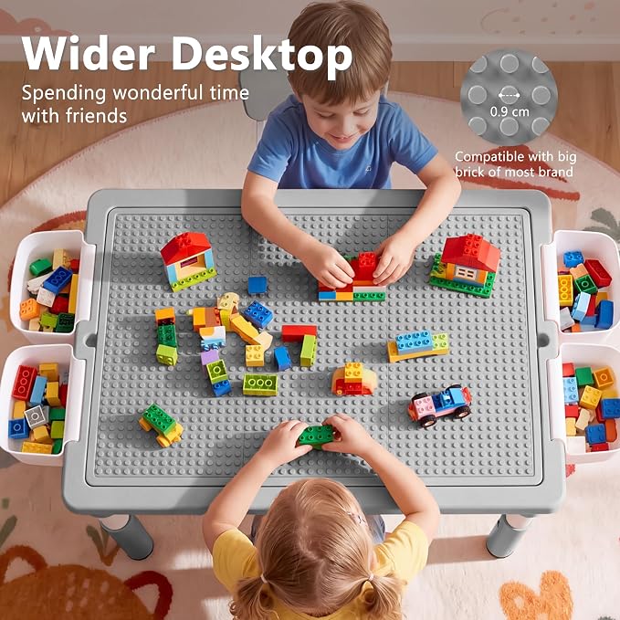 Kinder King Kids Table & 2 Chairs Set, Adjustable Heights, Storage, Grey
