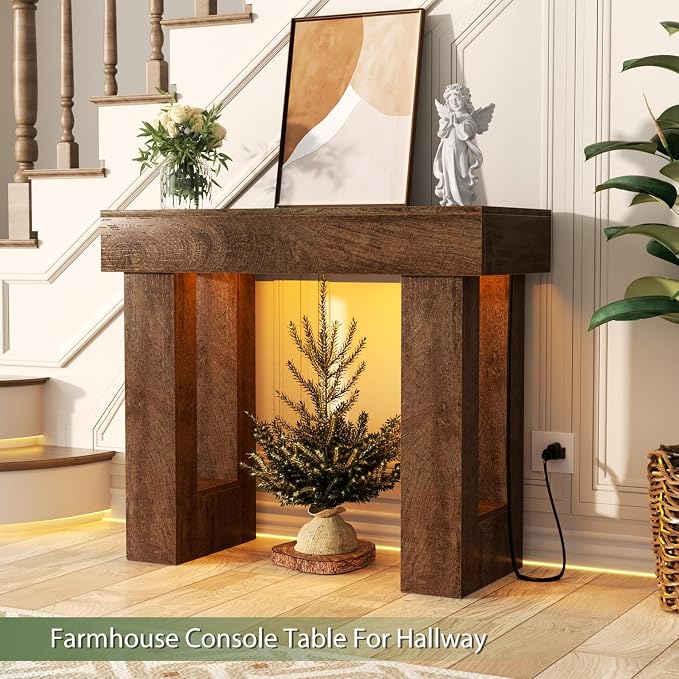 Unikito 39" Entry Table with Sensor Light and Power Outlets, Rustic Oak