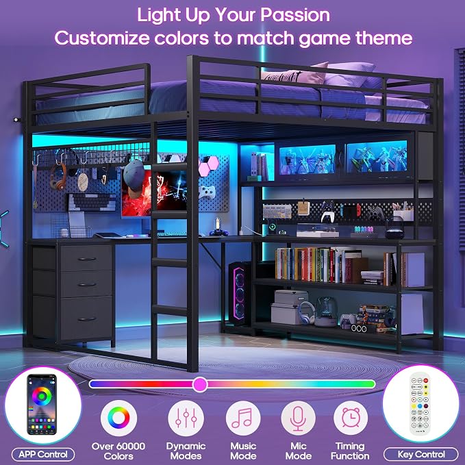 ADORNEVE Gaming Loft Bed Full Size with Desk, Arcylic RGB Hutch, Black
