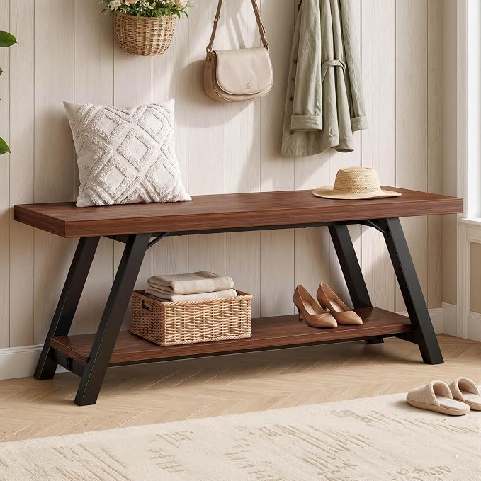 LVB Industrial Entryway Bench with Storage, Wood and Metal Bedroom Bench