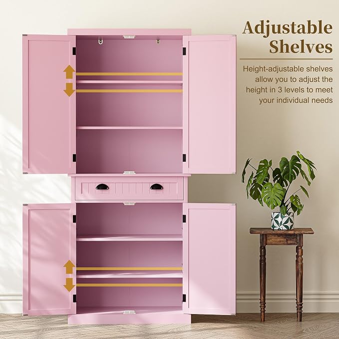 ARTPOWER 72" Tall Kitchen Pantry Storage Cabinet with Drawer and Adjustable Shelves, Pantry Cabinet for Kitchen, Bathroom or Hallway, Pink