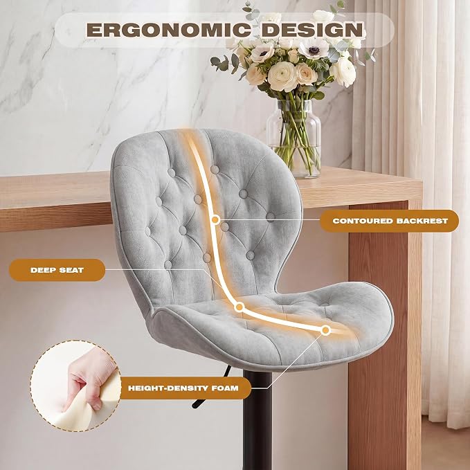 GRUSIGN Bar Stools Set of 4, Modern Swivel Adjustable Bar Chairs, Chenille Fabric Upholstered Counter Height Bar Stools with Backrest, Comfort Barstools for Kitchen Island, Home Bar, Grey