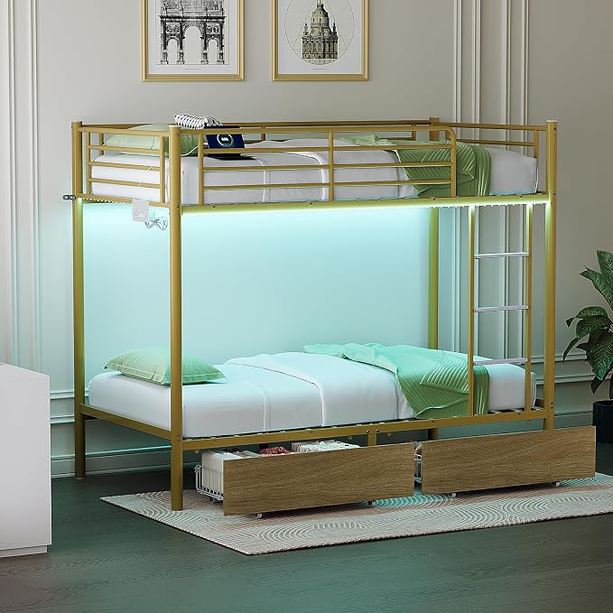 Bonnlo Metal Bunk Bed Frame Twin Over Twin with 2 Drawers, LED Lights, Safety Guardrail & Ladder, Charging Station, for Kids, Teens & Adults, Space-Saving, No Box Spring Needed, Gold