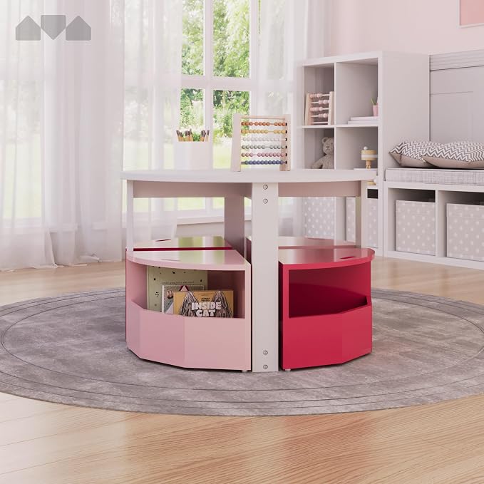Milliard Toddler Table and Chair Set – Round Kids Activity Table With 4 Storage Stools, Nesting Design for Toddlers, Kids Play Table with Storage - Space-Saving Playroom Kids Furniture - (Pink)