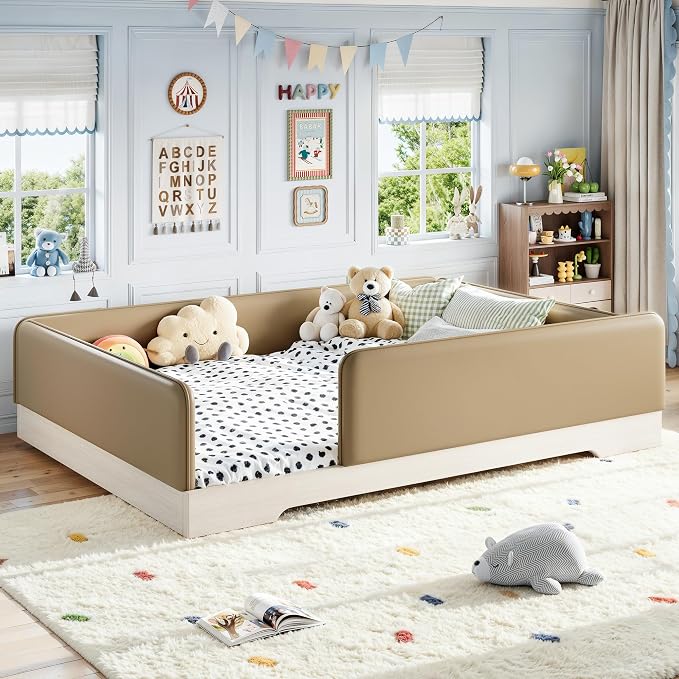 Bellemave Queen Upholstered Montessori Floor Bed Frame with Guardrail,Brown