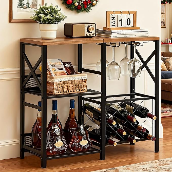 MNEETRUNG Wine Bar Cart, Rustic Freestanding Wine Rack with Glass Holder and Fence, Bar Cabinet with 2 Tier Storage, Liquor Shelf for Home Bar, Rustic Brown