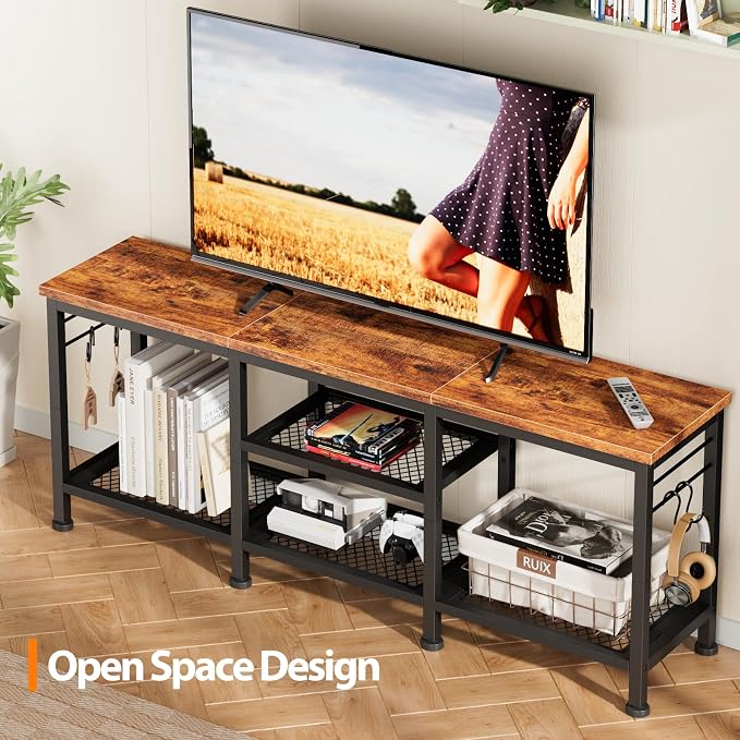 Furologee TV Stand for TVs up to 55 Inch, Entertainment Center with Open Storage Shelves, Media Console Table with Soundbar Shelf for Living Room, Bedroom, Rustic Brown