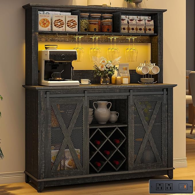 47"Wide 56"H Farmhouse Coffee Bar Cabinet with Power Outlet and LED Light,Wine Bar Cabinet w/3 Storage Hutch,Kitchen Buffet Cabinet with 10 Wine and Glass Racks for Kitchen Dining Room(Dark Oak)