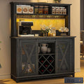 47"Wide 56"H Farmhouse Coffee Bar Cabinet with Power Outlet and LED Light,Wine Bar Cabinet w/3 Storage Hutch,Kitchen Buffet Cabinet with 10 Wine and Glass Racks for Kitchen Dining Room(Dark Oak)