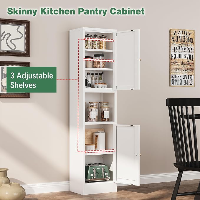 Bevivog Tall Slim Pantry Cabinet for Small Space, 67" Metal Narrow Storage Cabinets with Hutch and 3 Adjustable Shelves, Freestanding Tall Slim Bathroom Storage Cabinet, 15.7" Skinny Pantry Cabinets