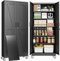 74" Metal Garage Storage Locker Cabinet with Wheels,Rolling White Farmhouse Kitchen Pantry Cabinet with 2 Doors and 5 Adjustable Shelves, Steel File Tool Cabinet for Home Office Warehouse