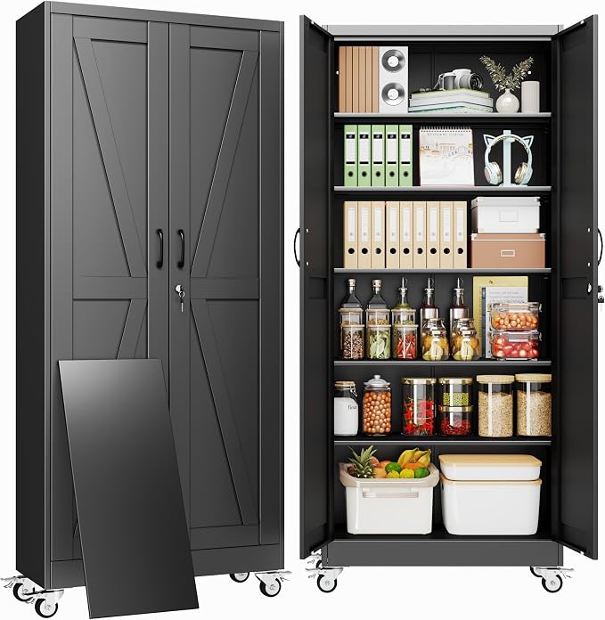 74" Metal Garage Storage Locker Cabinet with Wheels,Rolling White Farmhouse Kitchen Pantry Cabinet with 2 Doors and 5 Adjustable Shelves, Steel File Tool Cabinet for Home Office Warehouse